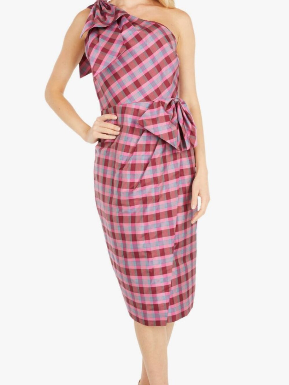 J. Crew NWT One-should Bow Sheath Dress in Plaid Pink Cocktail Dres, Size Small